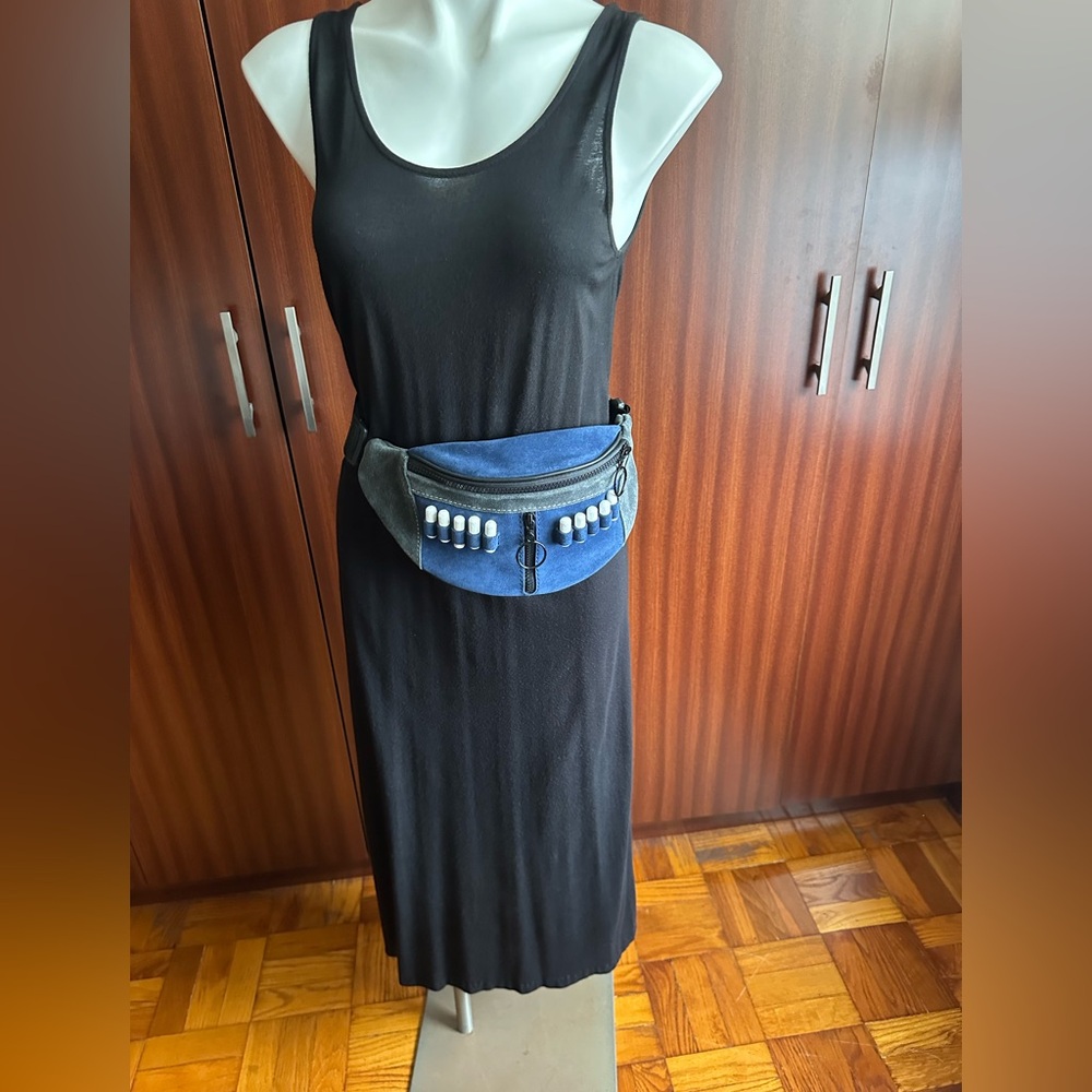 New stylish waist bag (blue-gray  suede), unique handmade design, 3 zip pockets.